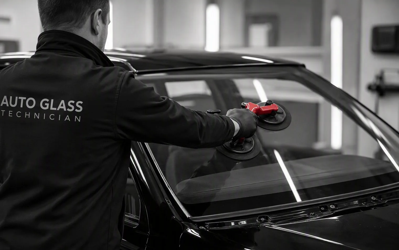 A Family Glass and Detail technician setting a new windshield with a suction-cup tool